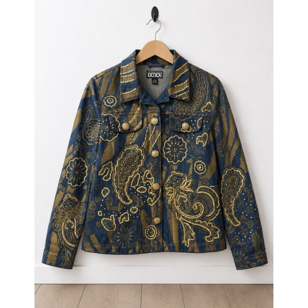 Berek² Takako Sakon L Embellished Denim Jacket Blue Gold Paisley Artwear